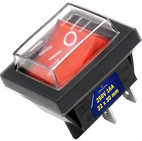 Interruptor Bipolar Rojo Luminoso y Cubierta Protectora 250V 16A 22 x 30 mm Cuerpo Negro Garantía de 10 Años - MONTERAL