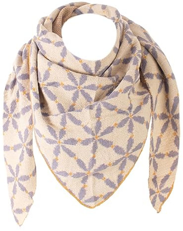stylx Damen Schal XXL Dreieck mit Blumenmuster 3-Eck Schneeflocke Warm Weich Strickschal Karo Winterschal Herbstschal Wolleschal Frauen Deckenschal Halstuch Scarf Poncho Cape (grau/gelb)