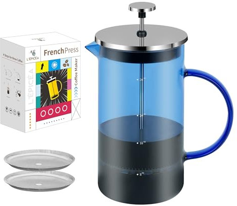 L'ÉPICÉA French Press Coffee Maker 34oz French Press Coffee Press Heat Resistant Borosilicate Glass French Press Coffee Maker with 2 Filters System and Stainless Steel Plunger (Blue)