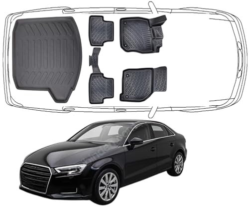 Trimak Passgenau 3D Fussmatten & Kofferraumwanne Auto Set Kompatibel mit Audi A3 Sedan Limousine 8V 2013-2020 Auto Zubehör Gummimatten & Kofferraummatte Autos Allwetter Geruchlos rutschfest Schwarz