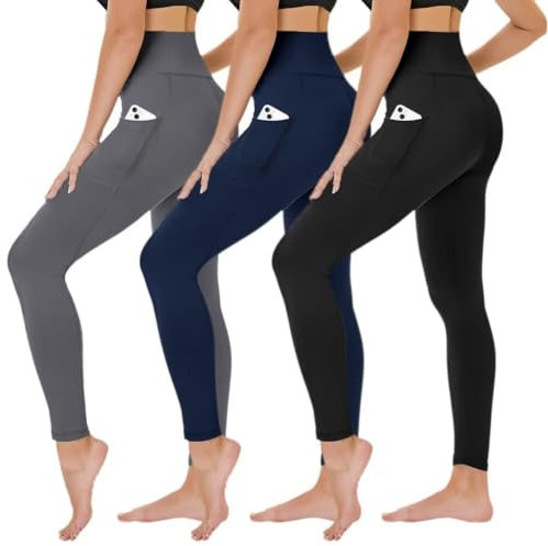 TNNZEET 3er Pack Leggings Damen High Waist Schwarz Leggins Blickdicht für Sport Gym(Schwarz/Dunkelgrau/Marineblau-mit Taschen,L/XL)