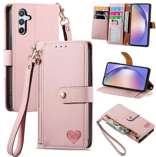 VEEMOS Zipper Wallet Case for Samsung Galaxy A54 5G Phone Case with Purse Card Holders RFID Blocking Leather Flip Case Book Cover Wrist Strap Women - Pink