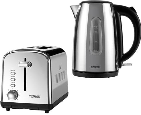 tower Infinity Polished Steel 1.7L 3KW Jug Kettle & 2 Slice Toaster. Matching Stainless Steel Kettle & Toaster Set