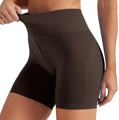 Friptspyg Kurze Sporthose Damen Sport Shorts High Waist Gym Shorts Stretch Yoga Pants Nahtlos Workout Sportshorts, Braun S