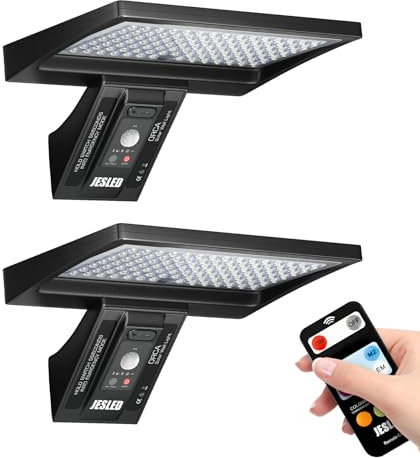 JESLED Solarlampen für Außen, 104 LED Solar Strahler Außen mit Fernbedienung, 3 Farbtemperaturen (3000K-6000K), 4 Modi LED Solar mit Bewegungsmelder für Garten, Garage, Haustür, 2 Stück