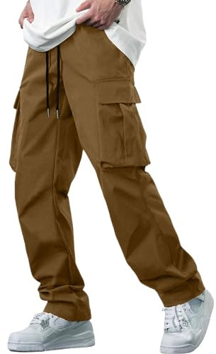 YAOBAOLE Pantalon cargo long pour homme - Coupe droite - Avec poches - Taille élastique, kaki, M