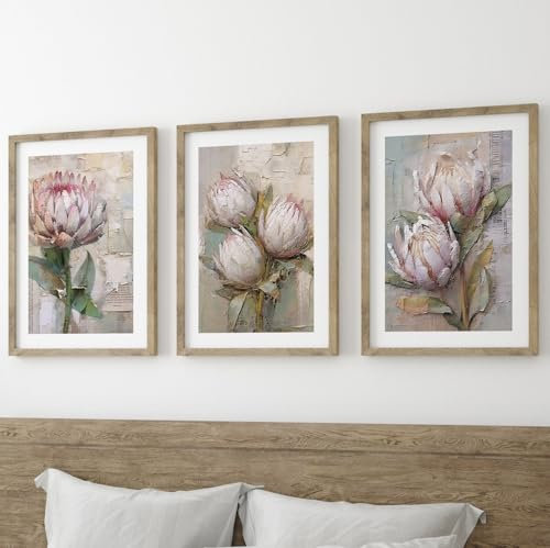 Protea Flowers Wall Art Set of 3 Unframed Poster Prints, Printed Texture Style, Living Room Bedroom Bathroom Poster Home Decor, Soft Muted Colours, Pink White Green (A3)