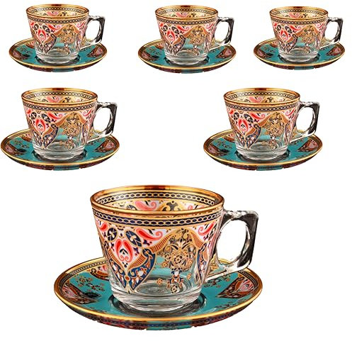 golden pet Set di 6 tazzine da caffè in vetro fatte a mano, con manico e piattini, per 6 persone, gldnpt-abk-dsn01