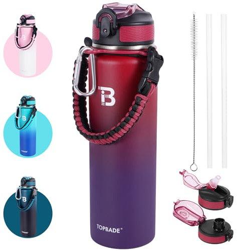 TOPBADE Edelstahl Trinkflasche Sport mit Strohhalm Deckel & Chug Deckel 1L, BPA-Frei Isolierte Wasserflasche mit Abnehmbarer Paracord Griff, Kohlensäure Wasserflasche für,Schule, Fitness(Rot Blau)