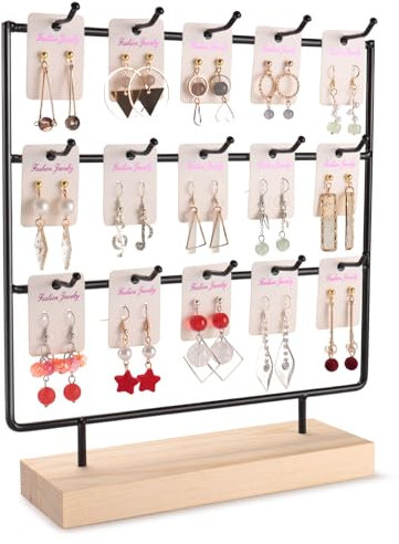 shidaishiye Porta Orecchini da Appendere, Espositore Orecchini con Ganci, Portaorecchini con Base in Legno (3 Livelli, 15 Ganci, Nero)