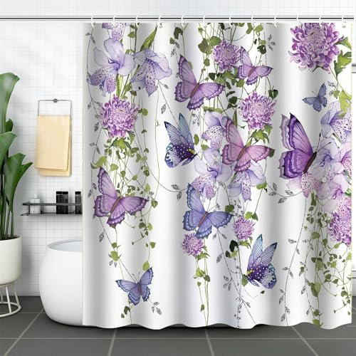 FAIRYGATE Garden Shower Curtain Outdoor Butterflies Print Shower Curtains Waterproof Polyester Bath Multi Color Curtain with Hooks B9108