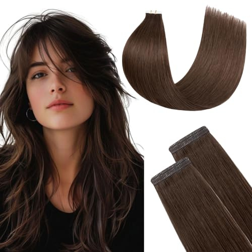 FUOTONBUTY Tape Extensions Echthaar Doppelt Genäht, Mittelbraun Tape in Extensions Echthaar, 20 Stück 50g Invisible Tape Extensions, Tape on Extension Echthaar 40cm