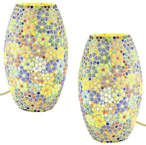 Marrakesch 2er Set Boho Deko Tischlampe Nachttischlampe 28cm groß | Deko Aesthetic Tischleuchte Lampe im Wohnzimmer Schlafzimmer & Kinderzimmer | Tischleuchte Tiaga -3- aus Mosaik E27 Lampenfassung