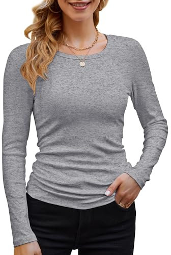DUOEASE Langarmshirt Mit Rippenbündchen Damen Rundhal Pullover Elegant Oberteile Gerippt Tshirts Basic Tops（Grau,M