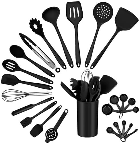 Küchenhelfer Set, Onader 25-teiliges Silikon Küchenutensilien Kochbesteck Set, Kochutensilien mit Utensilienhalter, Antihaft & Spülmaschinenfest – Schwarz