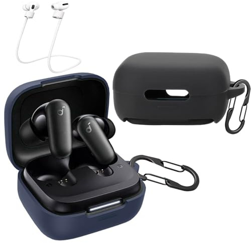 [2-Pack] easyBee Hülle Kompatibel mit Soundcore P30i Earbuds, mit 2 Karabiner Anti-Verlust-Gurte, Flüssiges Silikon Case Stoßfest Schutzhülle Bluetooth Kopfhörer Tasche - Schwarz Blau