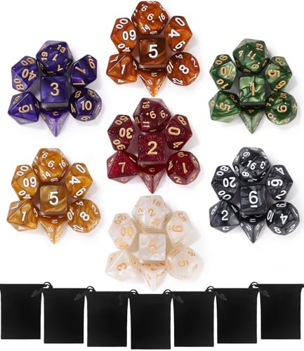 TIDEVAN Polyedrische Würfel,7 x 7(49 Stück) Polyedrische Würfel Set Polyedrische RPG Würfel Würfel Tischspiele mit 7 Schwarze Kordelzugbeutel,für DND MPG MTG Dungeons und Dragons D20 D12 D10 D8 D6 D4