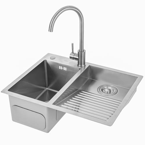 Évier À Linge En Acier Inoxydable Avec Planche À Laver – Bassin Utilitaire Fait Main Pour Buanderie, Atelier Et Garage – Finition Brossée Durable, Bassin Profond Avec Drainage Efficace(Right-b,60cm)