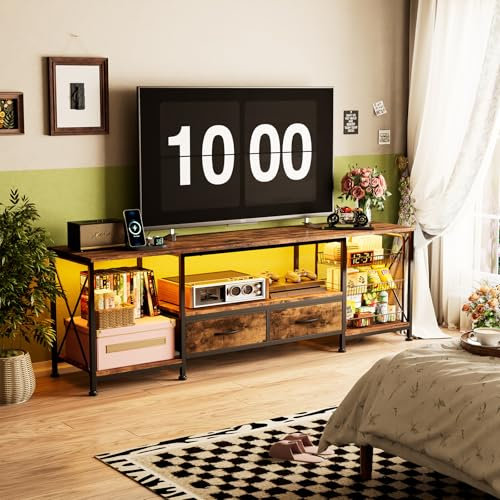 Utlenianie Mueble TV 180 cm, Mueble TV Alto con iluminación LED, Estación de Carga,Puerto USB y Enchufe,Mueble TV Salon con 2 Cajones 2 Estantes Abiertos,Muebles de salón (Color Madera-B)