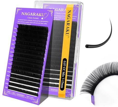NAGARAKU Extensiones de Pestañas Individuales Volumen Lahses Pelo a Pelo Clásico 1:1 Pestañas Extensiones Natural Blando Suave Negro Eyelash Extension Pestañas Postizas 16 Filas(0.07 CC 7-15mm)