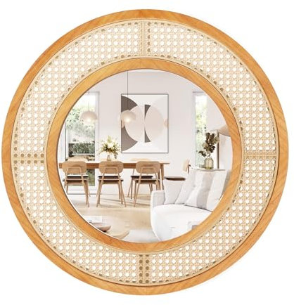 GOPLUS Wandspiegel, dekorativer Spiegel mit Holzrahmen in Rattanoptik, Hängespiegel Badspiegel Boho Dekospiegel für Flur, Wohnzimmer & Badezimmer (Rund)