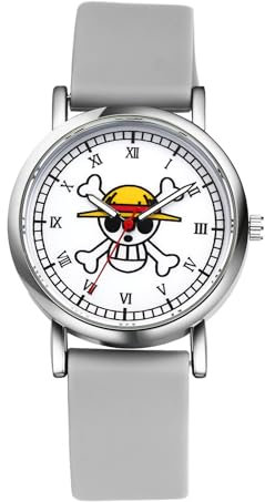 JewelryWe Damenuhr One Piece Uhren: Anime Cartoon Totenkopf Schädel Analog Quarz Armbanduhr Unisex Grau Silikonarmband Römische Ziffern Ultradünne Sport Lässige Uhr für Damen Herren Kinder