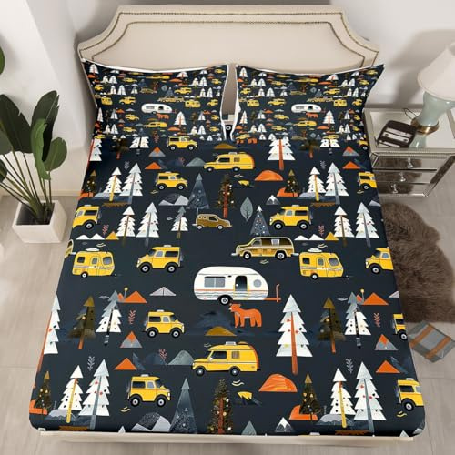 Loussiesd Camping Spannbettlaken 160x200cm RV Camping Spannbetttuch Camper Zubehör für Reiseanhänger Bettlaken Set Berg Spannbetttuch Dekoration Holzkohle Grau Bettbezug Kein flaches Blatt