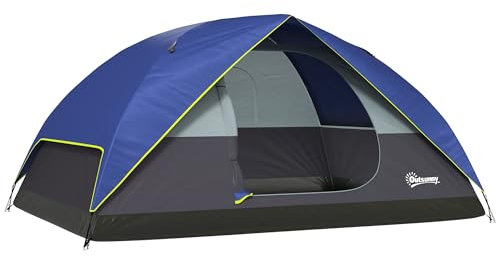 Outsunny Tente de Camping 2-4 Personnes, Tente dôme familiale imperméable, avec fenêtre, 2 Poches, Port d'alimentation, Sac de Transport pour Pique-Nique, randonnée, Trekking, Camping, Bleu foncé