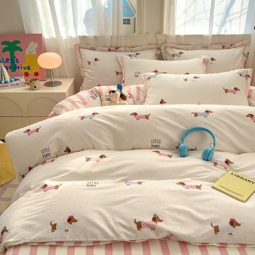 Covebett Bettwäsche 140x200 Kinder Dackel Gestreift Rosa Weiß Dackelmotiv Kawaii Mädchen Wendebettwäsche Set Dachshund Hund Streifen Microfaser Bettbezug und Kissenbezug 70x90cm Reißverschluss