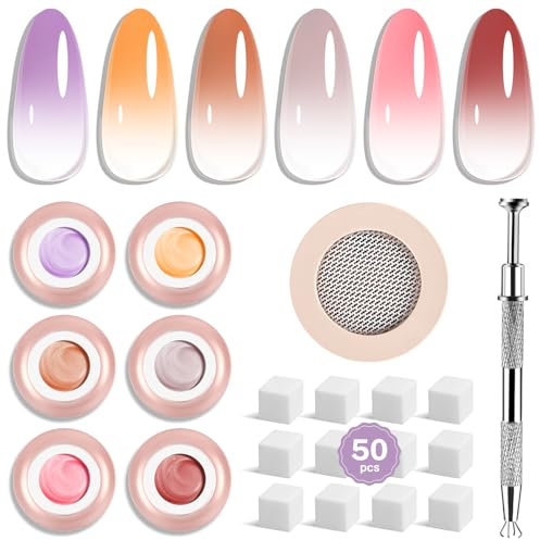 JODSONE Pat Ombre Gel, 6 Colors Pat Painting Gel Nail Polish Kit with Manicure Pen And 50 Pcs Nail Sponges, Ombre Nail Gel Paint for Nail Art