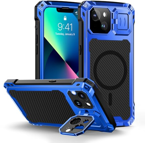 Lanhiem für iPhone 13 Hülle Magnet Kameraschutz Stoßfest Metall | Ständerfunktion, Outdoor Ganzkörper Robust Militärstandard Heavy Duty, mit Eingebautem Displayschutz, Blau