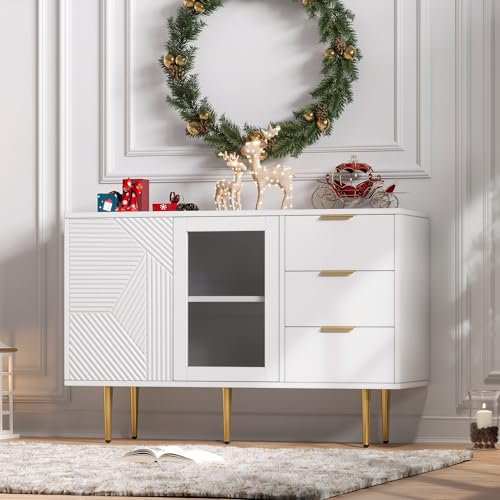 Merax Commode buffet à 3 tiroirs et 2 portes en verre avec pieds en métal solides - 120 x 38 x 79,5 cm - Grand espace de rangement pour salon, couloir et bureau - Blanc