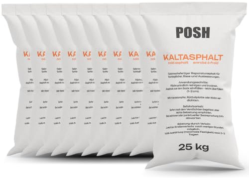POSH Kaltasphalt 10x 25kg - Gebrauchsfertiger Asphalt-Reparatur-Rissfüller - mit einer Körnung von 0-8 mm - Bitumenanstrich - Universell einsetzbar