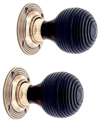 Infinity Decor Victorian Pure Ebony Wooden Beehive Mortice Rim Door Knobs Pull Handles on Aged Brass Rose 55mm – Ideal for Interior & Exterior Doors