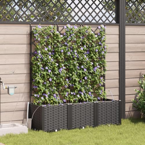 QJBSAVVA 3er Set Pflanzkasten Hochbeet mit Wasserversorgungssystem und Rankgitter Rechteckig UV-beständiger Kunststoff Schwarz 120x40x142 cm für Garten Balkon Terrasse