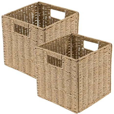 LN COZY CORNER 2-Pack Faux Wicker Storage Baskets with Handles Foldable Organizer Bins for Shelves, Cube Storage Home Decor Ideal for Toys Laundry & Closet Organization (Natural, L)