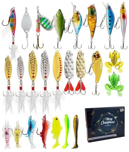 Xasbseulk Adventskalender Angeln Weihnachten - 24 Tage Festliches Angeln im Advent - Köder für Angler Geschenk Mann Vater Liebhaber Süß- und Salzwasser
