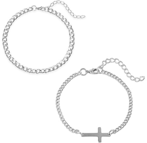 Mikovivi 2stk Silberarmbänder für Herren, Hochwertiges Stilvolles Kreuz und Silbernes Kubanisches Gliederarmband Zierliche Klassische Schmuckaccessoires Geeignet für Männer und Väter