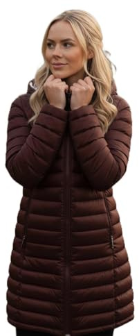 Roman Originals Women Padded Longline Coat with Hood - Ladies Zip Through Autumn Winter Long Length Lightweight Quilted Warm Cosy Everyday Zip Up Casual Jackets Coats - Chocolate - Size 14