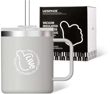 UZSPACE Mug Isotherme avec Paille & Poignée, Tasse a Cafe 500ml | Mug Isotherme Réutilisable, Acier Inoxydable 18/10, à Large Ouverture, pour Café Chaud et Boissons Froides, Gris Silex