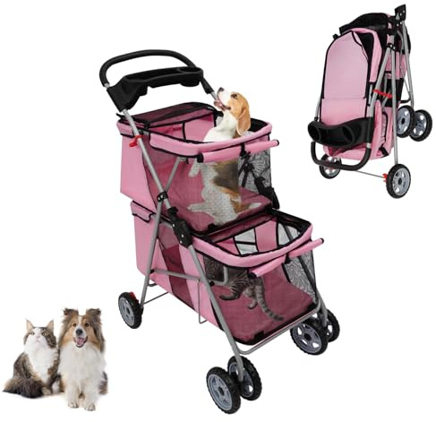 wanwanper 2-stöckiger Haustierwagen für kleine bis mittelgroße Hunde und Katzen - Leichter Transportwagen Hundebuggy mit 2 Ebenen für Spaziergänge, Reisen & Outdoor, Bis zu 20 kg (Rosa)