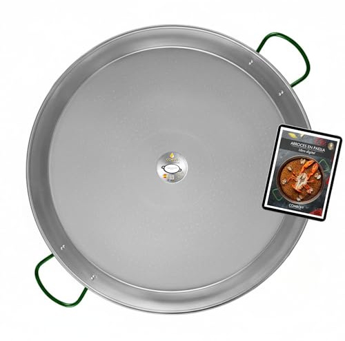 COMBOI - Paellera de acero pulido 50 cm, paellera valenciana hasta 13 raciones, apta para gas, leña y paelleros, fabricada en España, incluye recetario digital. (50 CM)