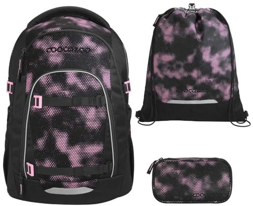 coocazoo MATE Schulranzen-Set 3tlg für Mädchen und Jungen ab der 4. Klasse mit Rucksack. Schlamperetui und Sportbeutel (Pink Illusion V2)