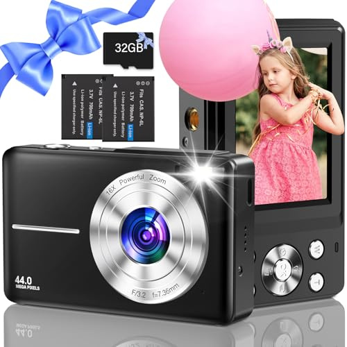 Digitalkamera, Nsoela 44MP Fotoapparat 1080P HD Vlogging Kamera (Schwarz) | 32GB Karte, LCD-Bildschirm 16X Digitalzoom & 2 Batterien für Teenager,Anfänger