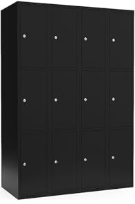 kaiserkraft | 3er-Schließfachschrank Fydor | 4 Abteile | Schwarz | B 1200 mm | Flache Dachform | Zylinderschloss