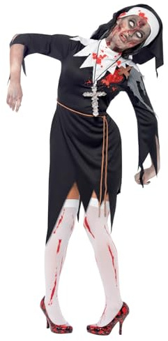 Smiffys Zombie Bloody Sister Mary Costume, Black Latex Wound, Rope Belt & Headpiece, Halloween Zombie Alley Fancy Dress