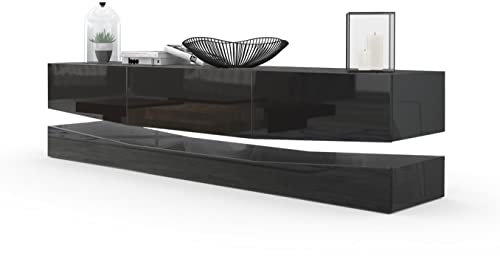 Vladon Lowboard City, Made in Germany, TV-Kommode mit Sockelelement, 1 offenem Fach und 3 Schubkästen, Schwarz Hochglanz/Schwarz Hochglanz (178 x variabel x 39 cm)
