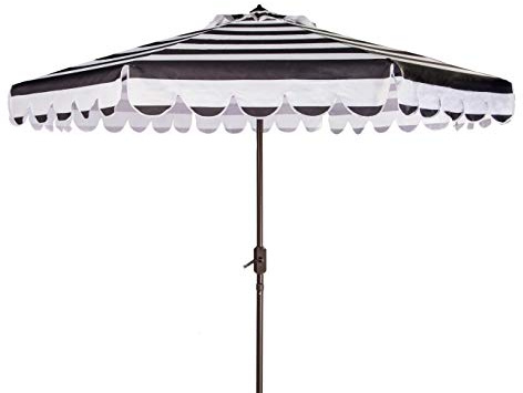 Safavieh PAT8011D Outdoor Collection Maui Black and White Single Scallop Striped 9Ft Crank Push Button Tilt Umbrella