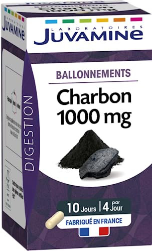 JUVAMINE Charbon Végétal 1000 Mg, Digestion, Ballonnements, Flatulences, Gaz, Aide à Réduire l'excès de Flatulences après un repas, Programme de 10 jours, 40 Gélules, Fabriqué en France
