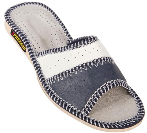 APREGGIO -Pantofole Estive da Donna in Pelle Liscia - Ciabatte Leggere con Zeppa - Pantofole Aperte - Ideali per Casa - Blu Navy - Taglia 37 EU